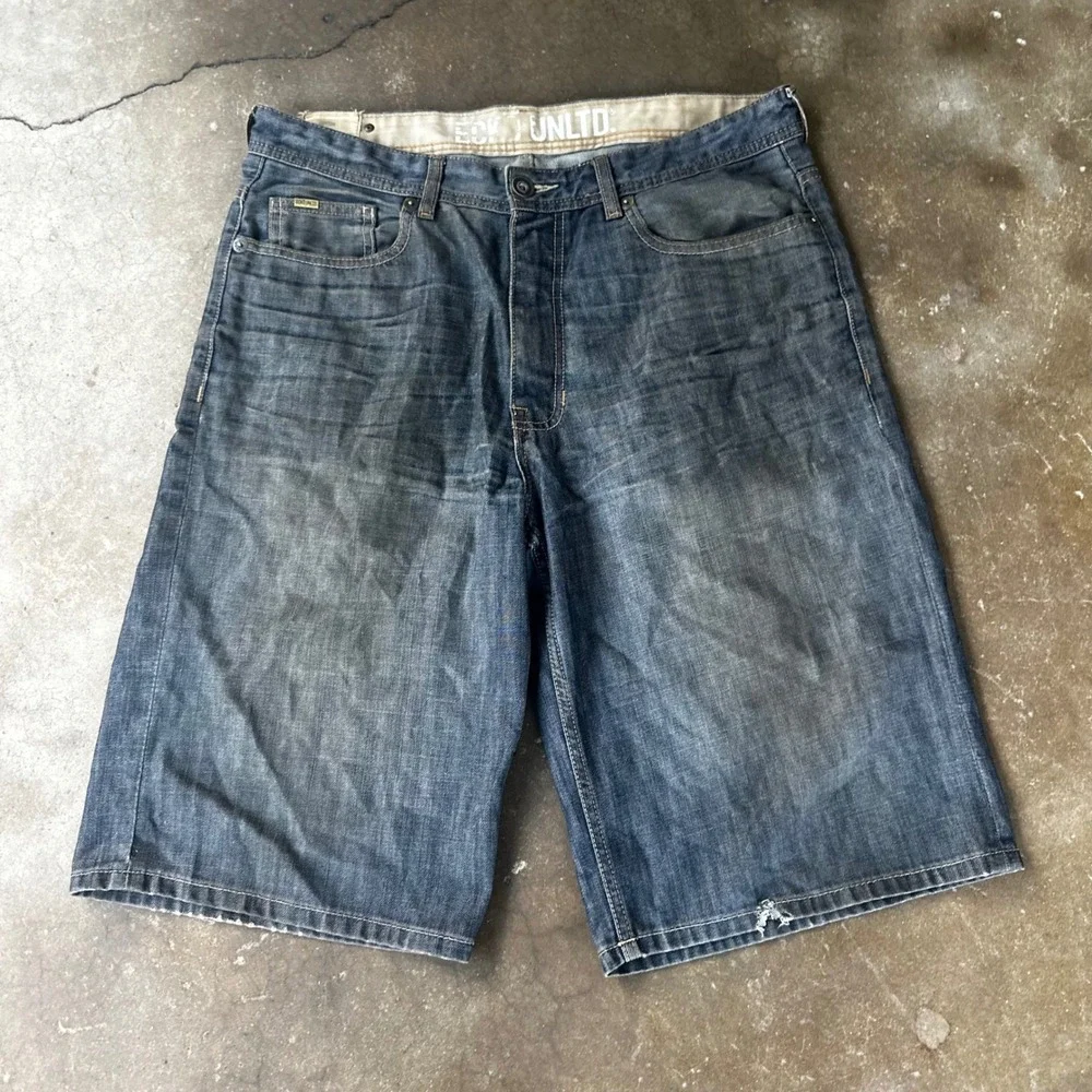 Ecko Unltd Denim Shorts Mens 38 Blue Good Baggy Y2K Streetwear Embroidered